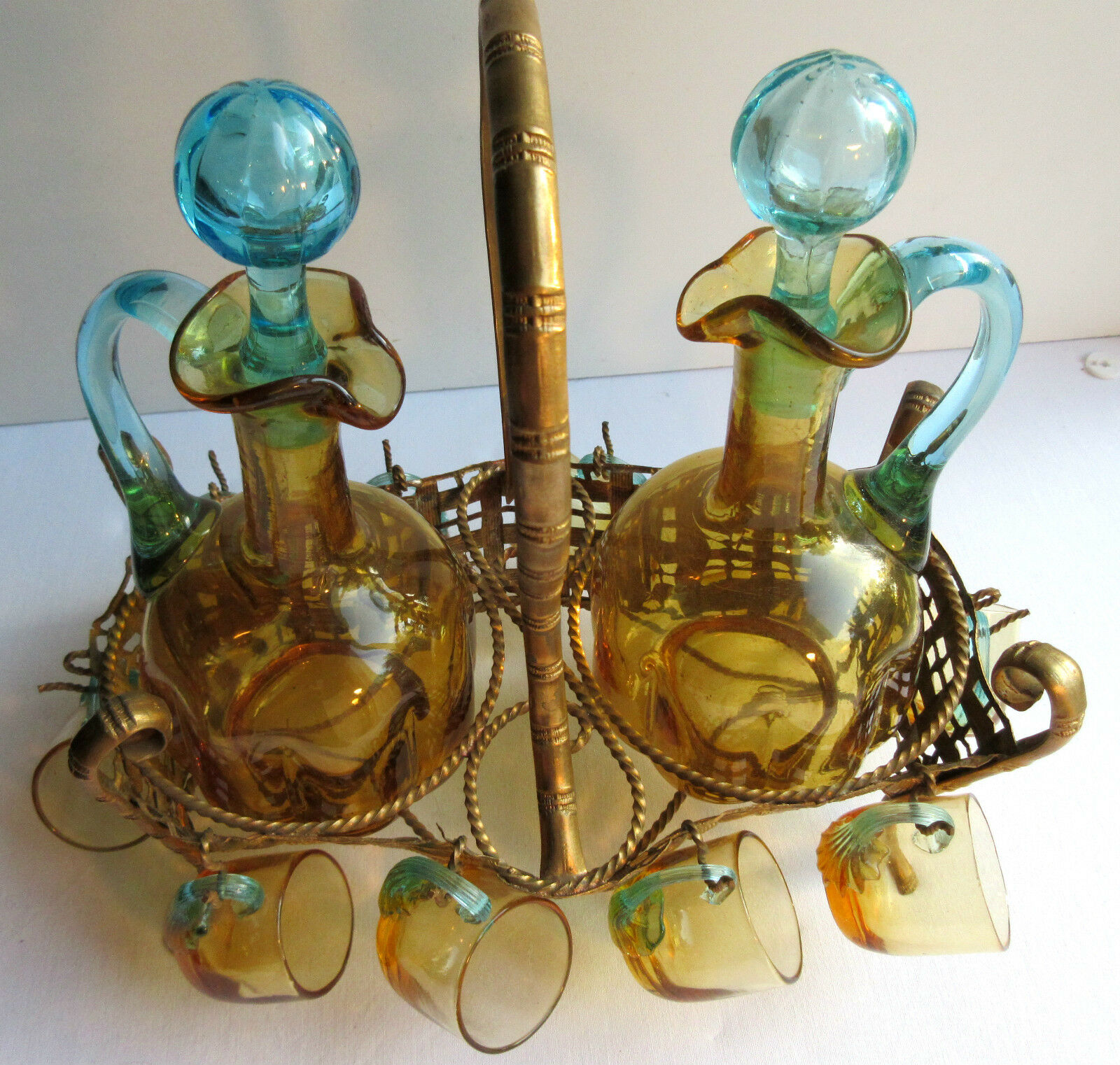 Cabaret Cave liqueur George SAND: 2 carafes 10 Legras glasses - brass basket