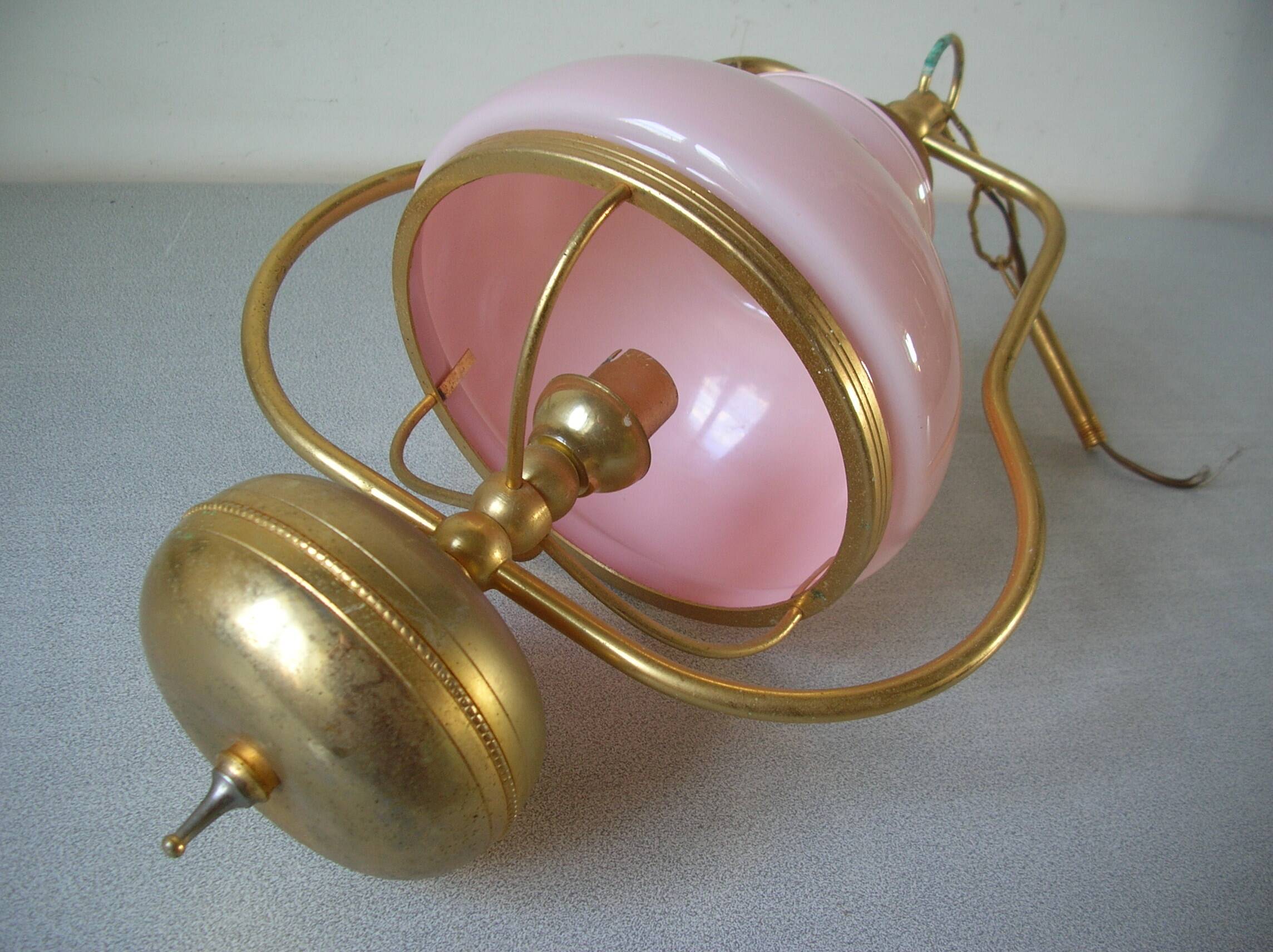 Old chandelier suspension light fixture in golden brass pearl pink opaline lampshade