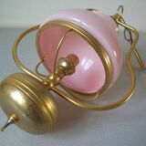 Old chandelier suspension light fixture in golden brass pearl pink opaline lampshade