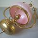 Old chandelier suspension light fixture in golden brass pearl pink opaline lampshade