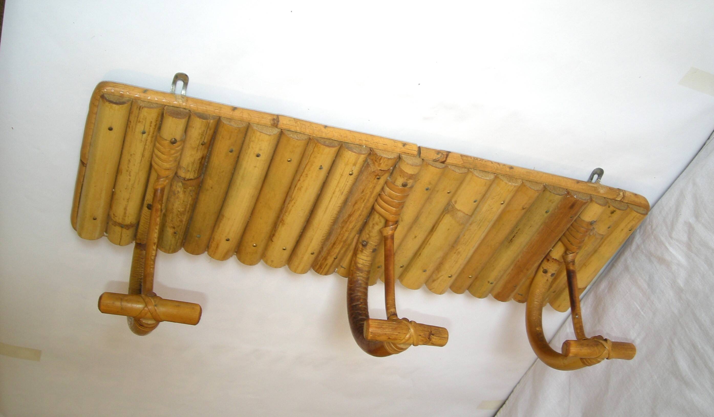 1950s bamboo rattan wall coat rack