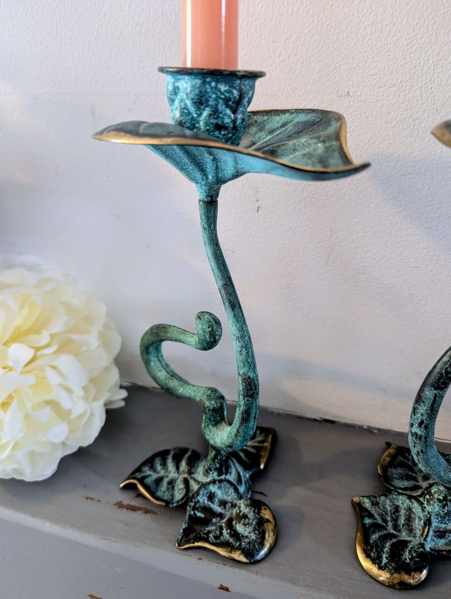 Pair of patinated greenish-blue bronze candlesticks Art Nouveau style