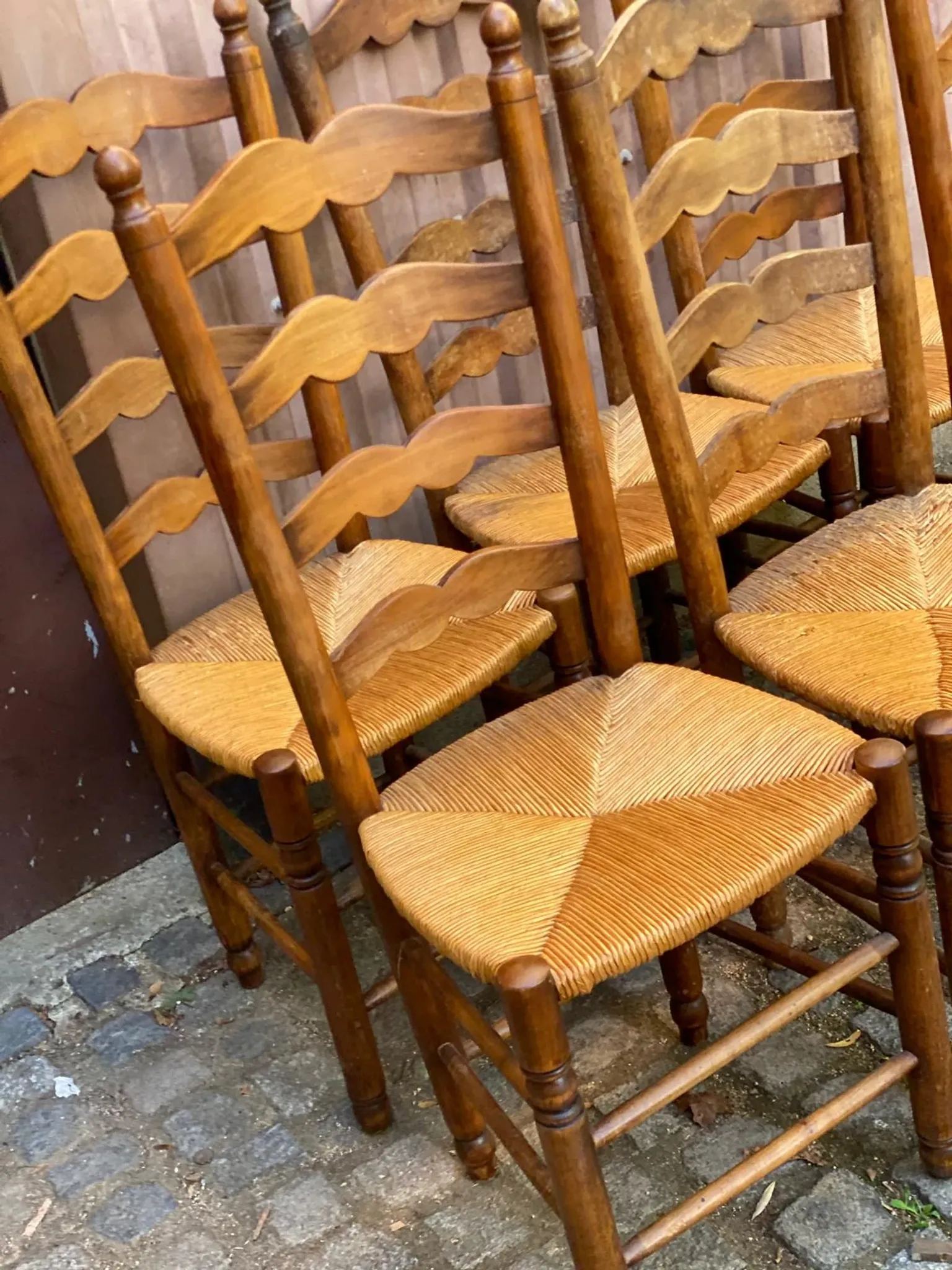 6 Rustic Solid Wood and Straw Chairs in 1960s Country Style