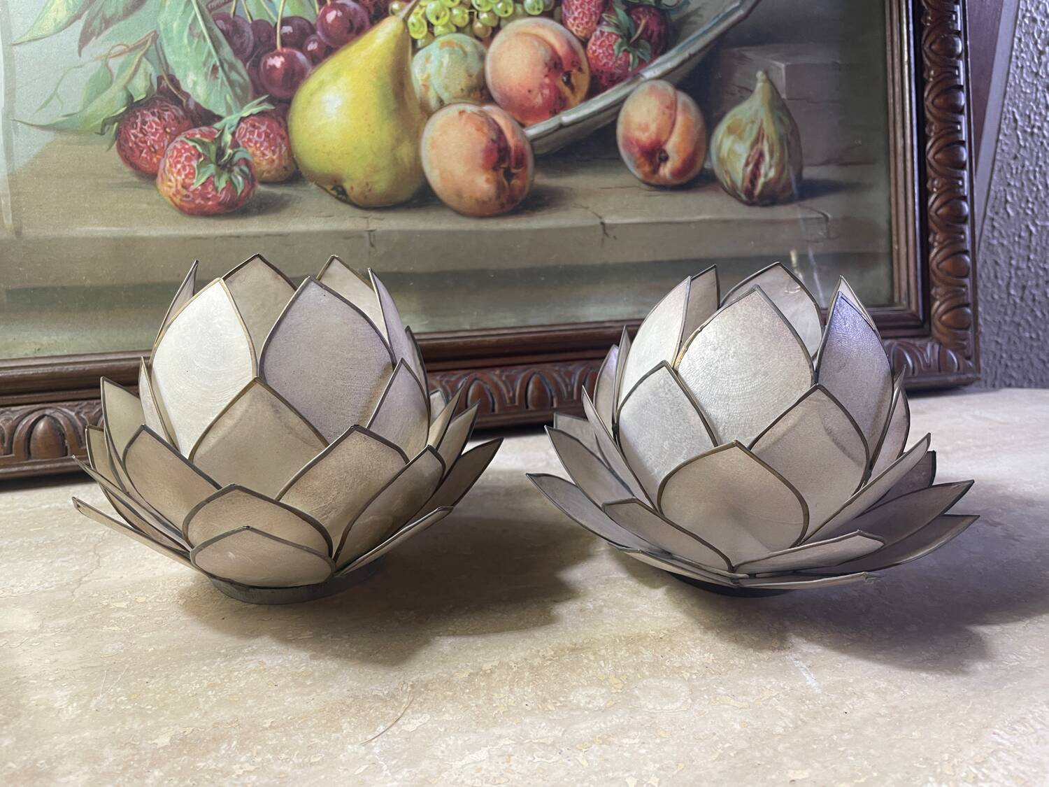 Mother-of-pearl and brass candlesticks