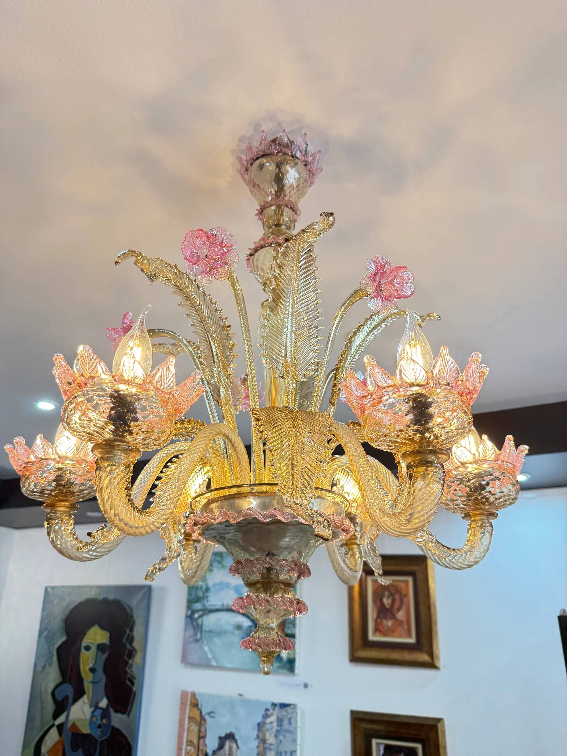 Venetian glass chandelier with pink and gold floral decoration – 6 lights