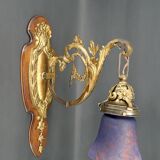 Pair of Rococo / Louis XV wall lights in gilded bronze, walnut bases and glass tulips, France, Circ
