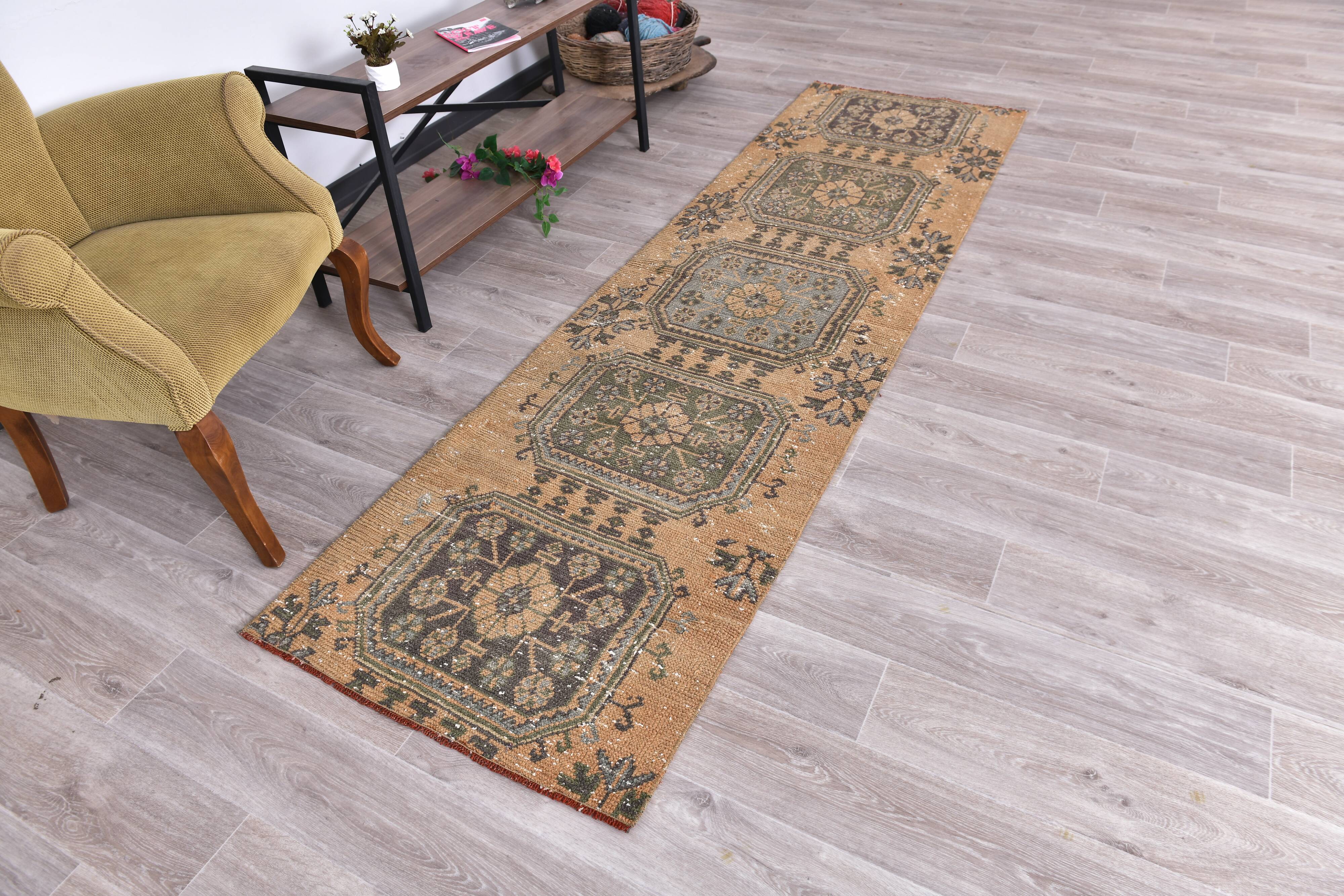 3x9 Mustard Light Blue Turkish Runner Rug 79x280Cm