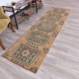 3x9 Mustard Light Blue Turkish Runner Rug 79x280Cm