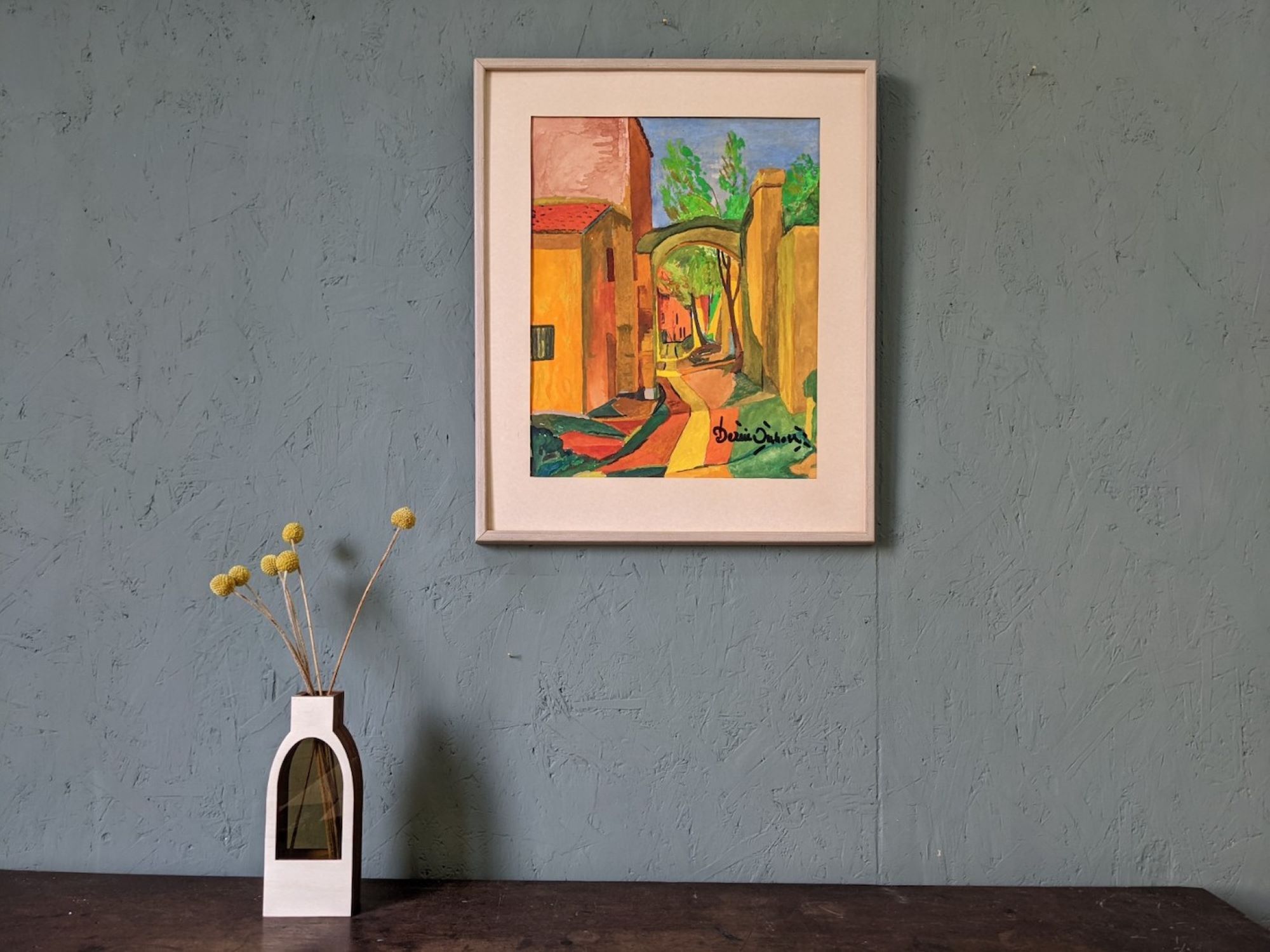 Mid-century modern swedish "the pathway" vintage framed watercolour