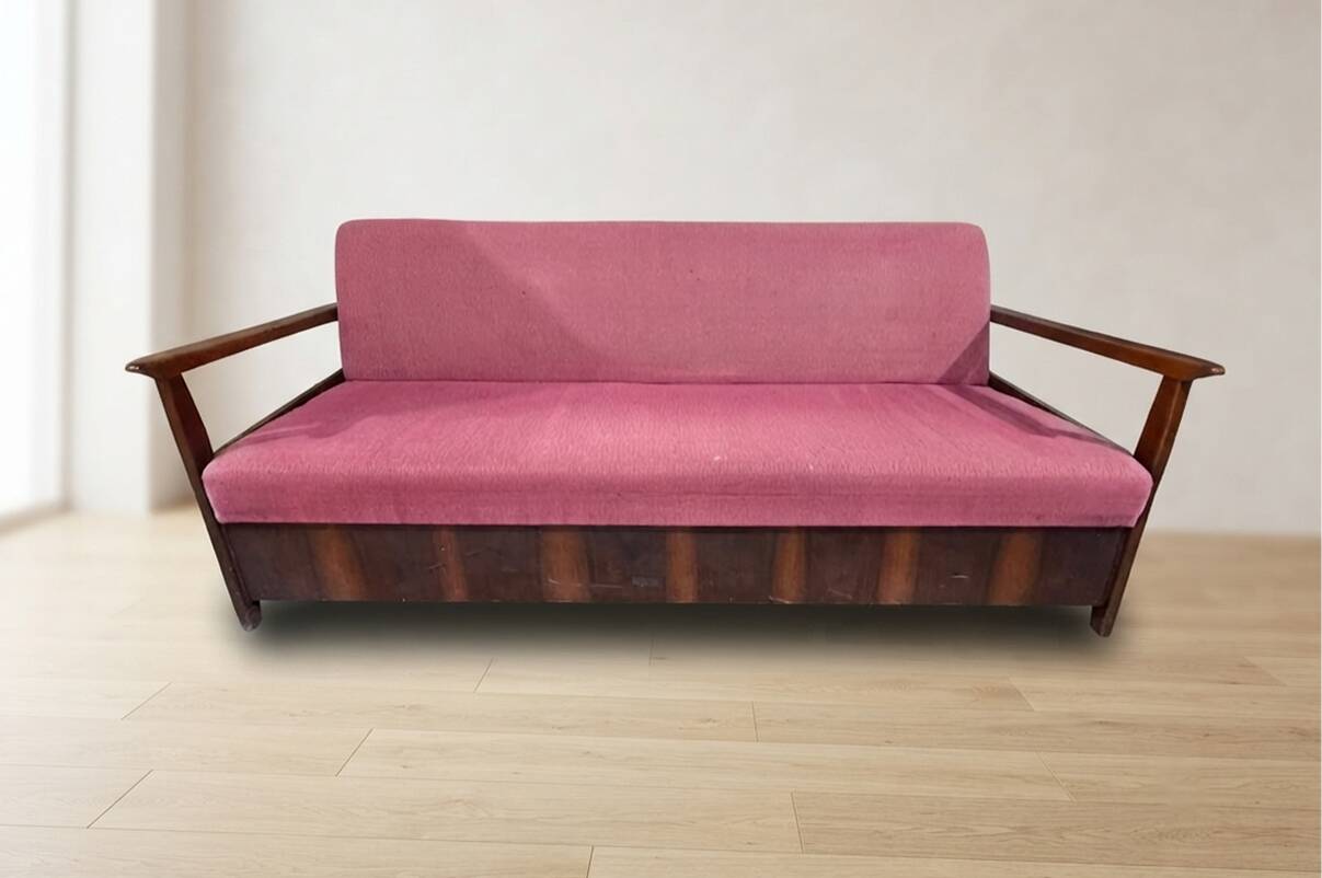 Burgundy folding sofa bed by Edmund Homa, mid-century modern, 1960s, Czechoslovakia, 200 × 88 × 80 cm