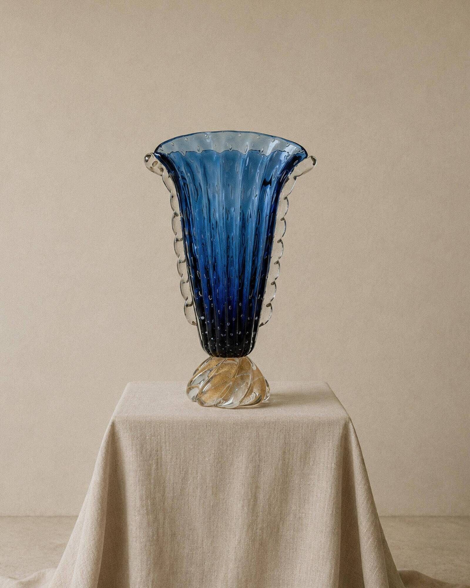Vintage Murano glass vase by Barovier, royal blue with gold, 1960s.