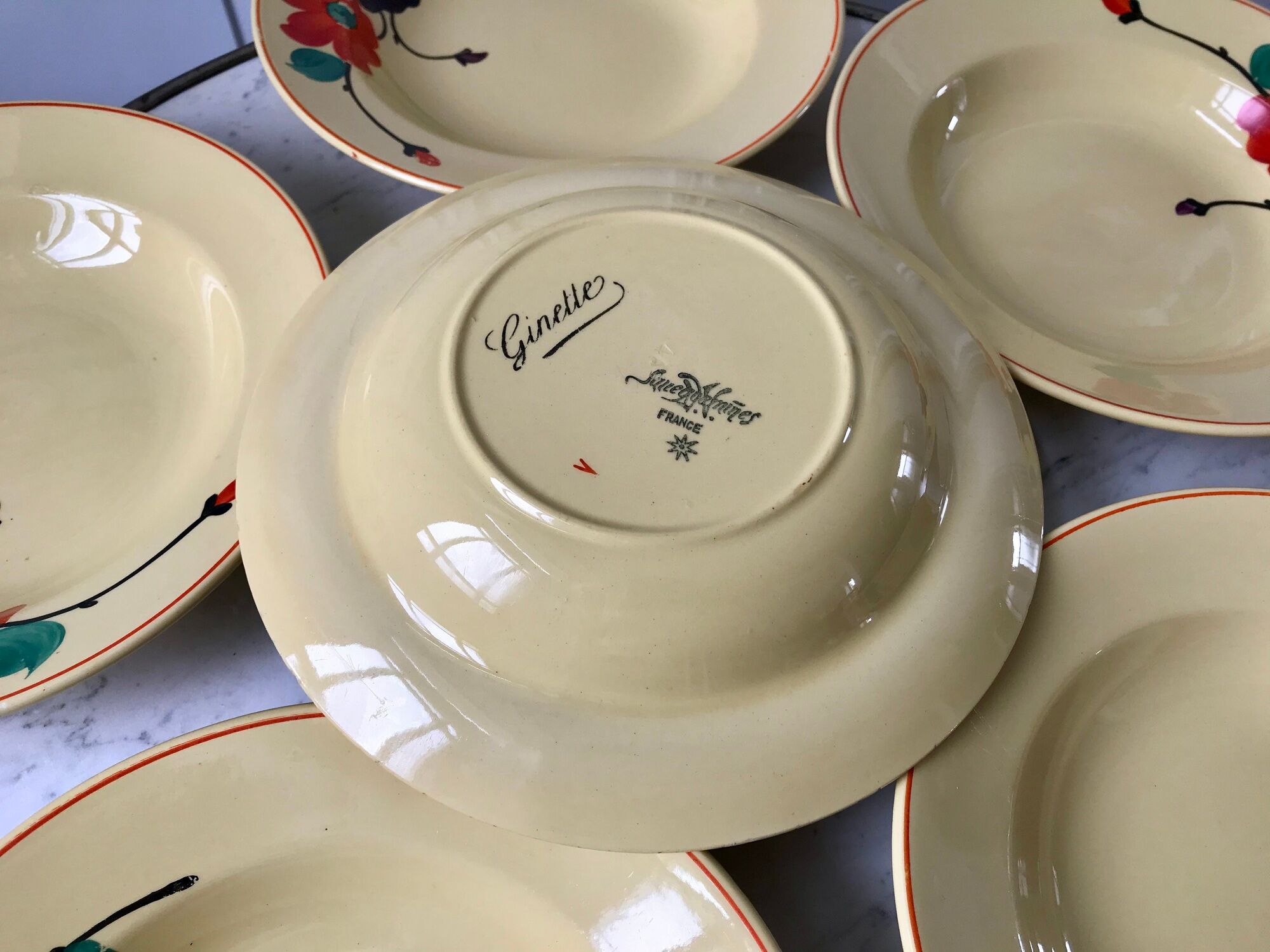 Set of 6 hollow plates digoin sarreguemines model "ginette" years 30-40
