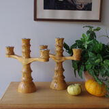Set of 2 three-armed wooden candlesticks