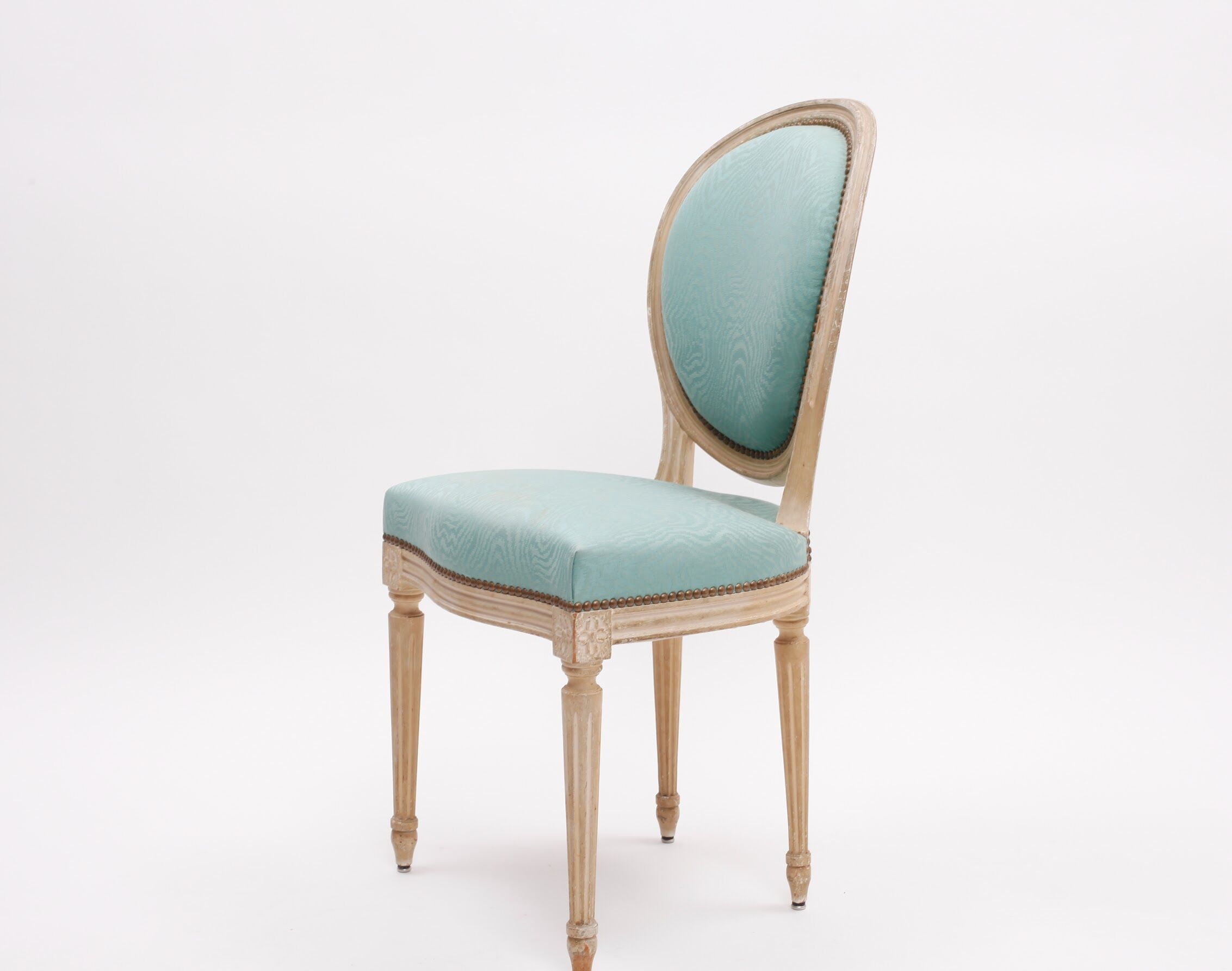 Pair of Louis XVI style armchair medallion chairs in turquoise blue color