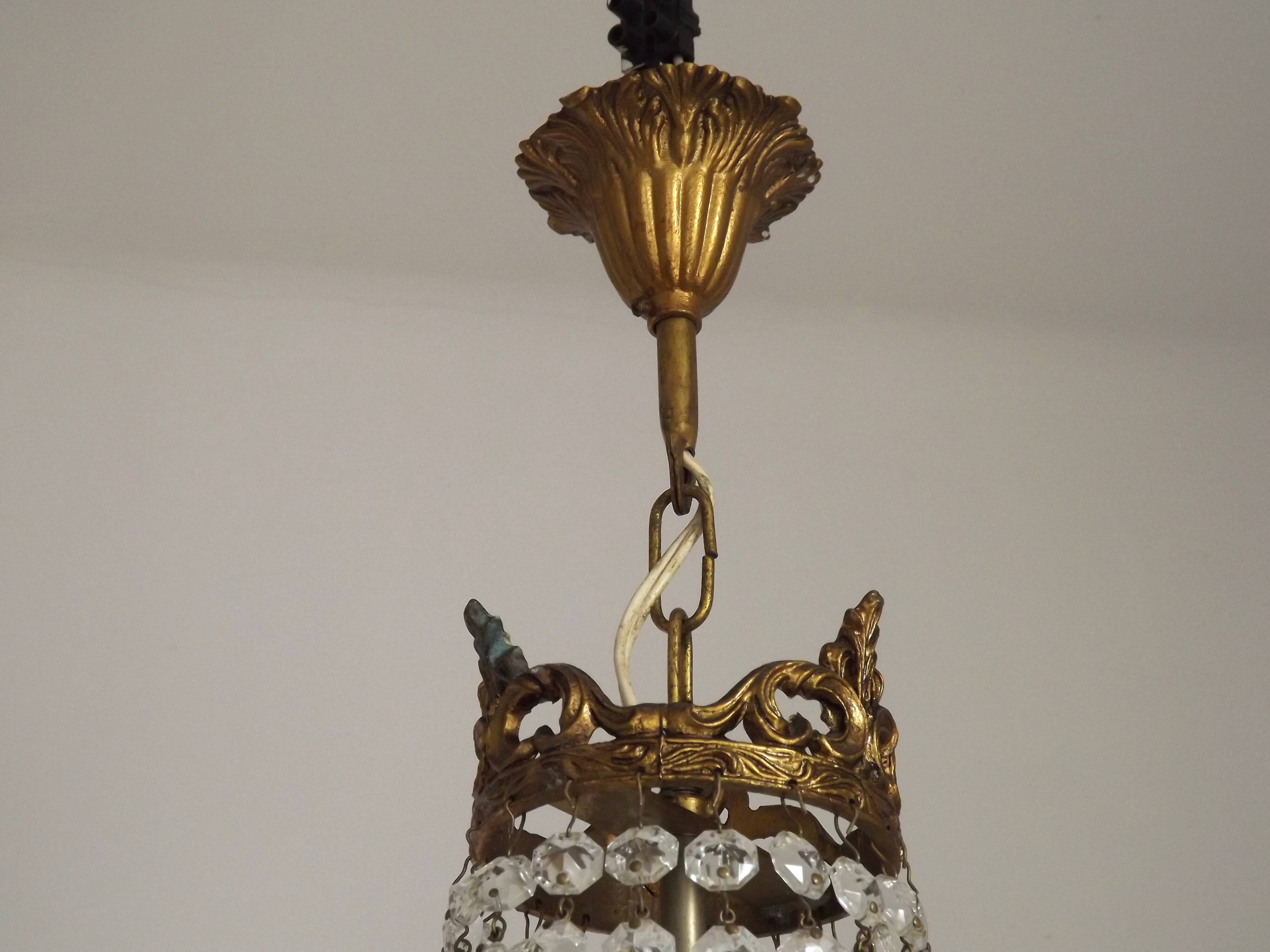 French Empire Style 3 Light Bronze Montgolfier Crystal Basket Chandelier
