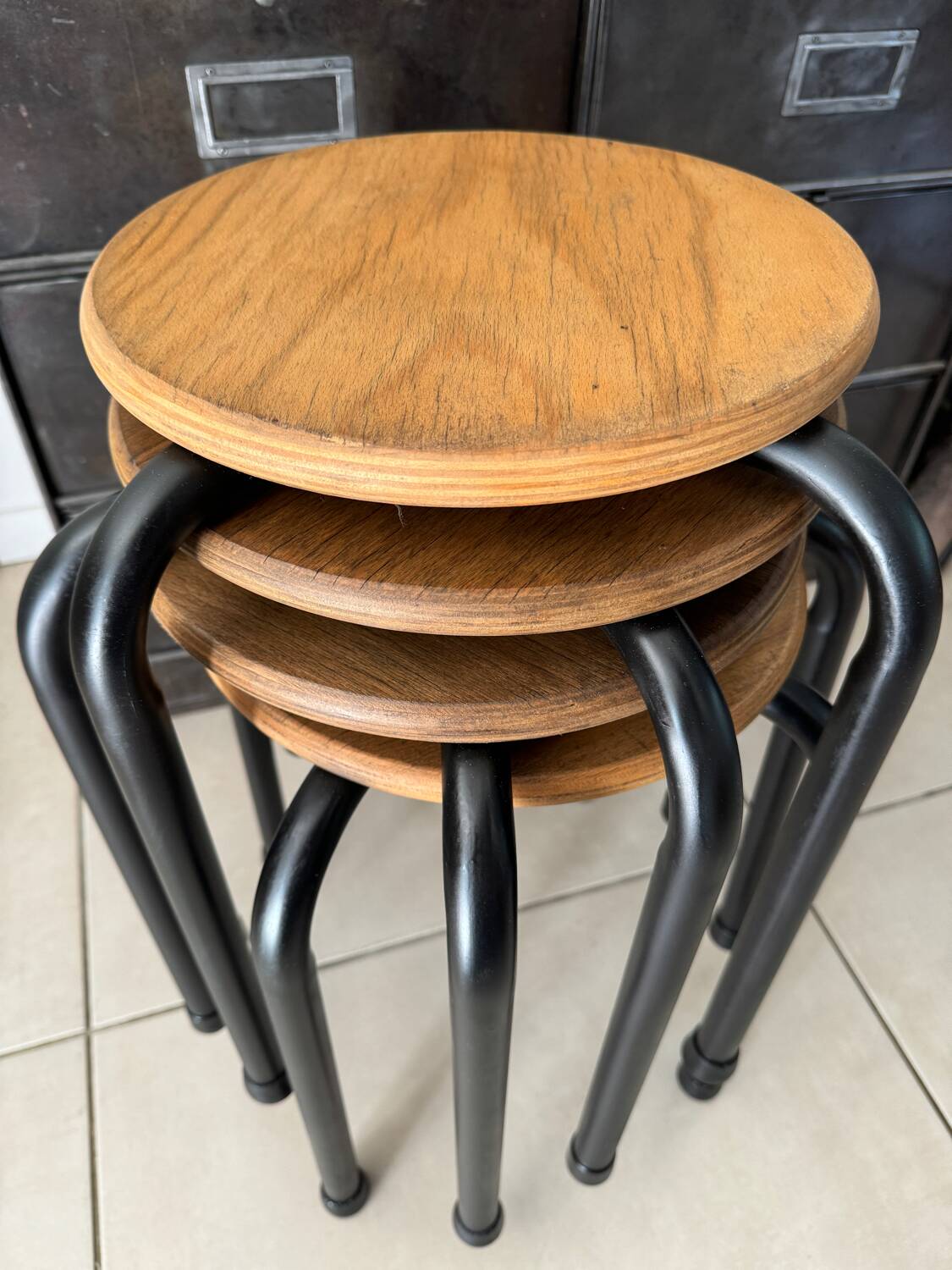 Series of 4 metal and wood school stools