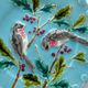 Blue barbotine plate of Sarreguemines: Birds pecking with holly