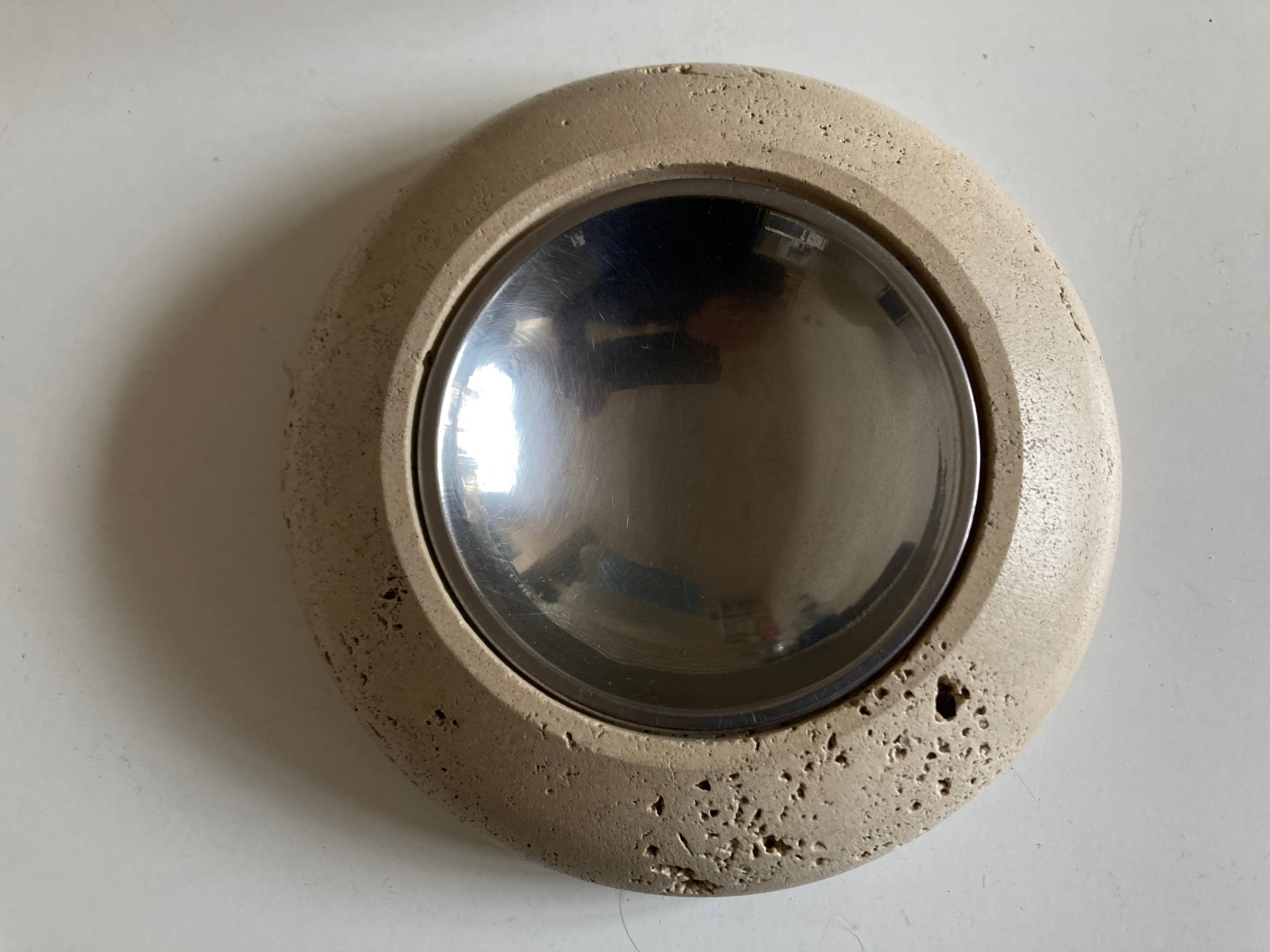 Travertine and steel valet tray, space age 1960s, Italian work
