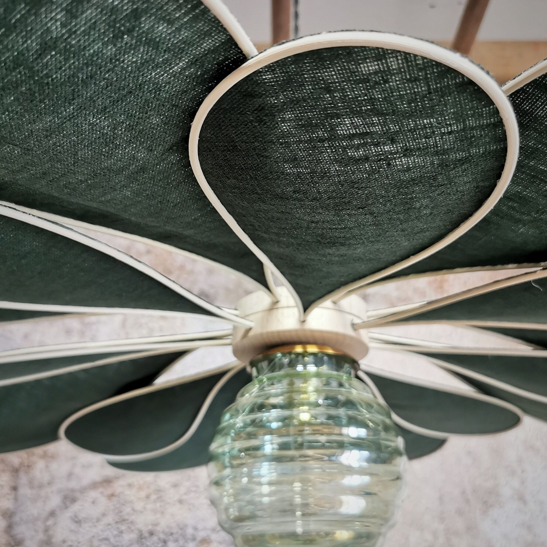 Suspension linen green fir, rattan and old vintage globe
