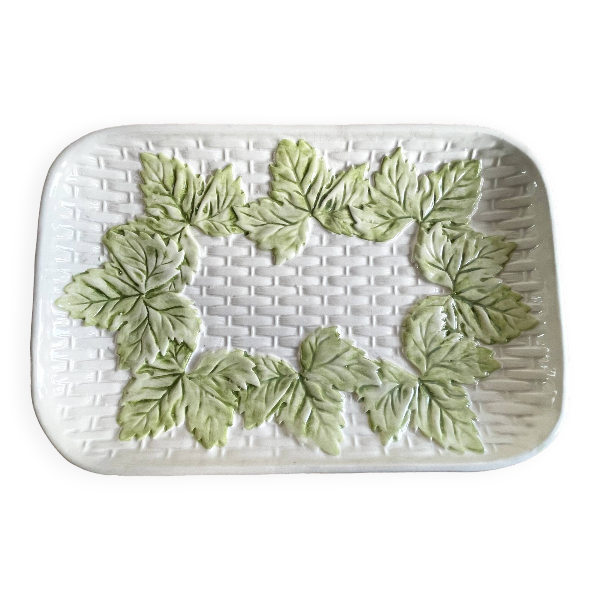 French Barbotine Majolica Serving Platter with Vine Leaf and Basket Weave Motif