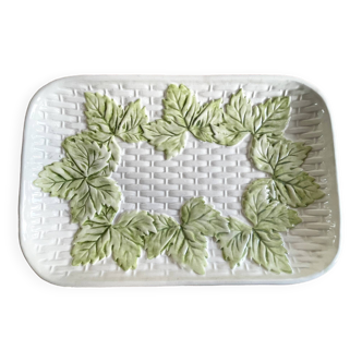 French Barbotine Majolica Serving Platter with Vine Leaf and Basket Weave Motif