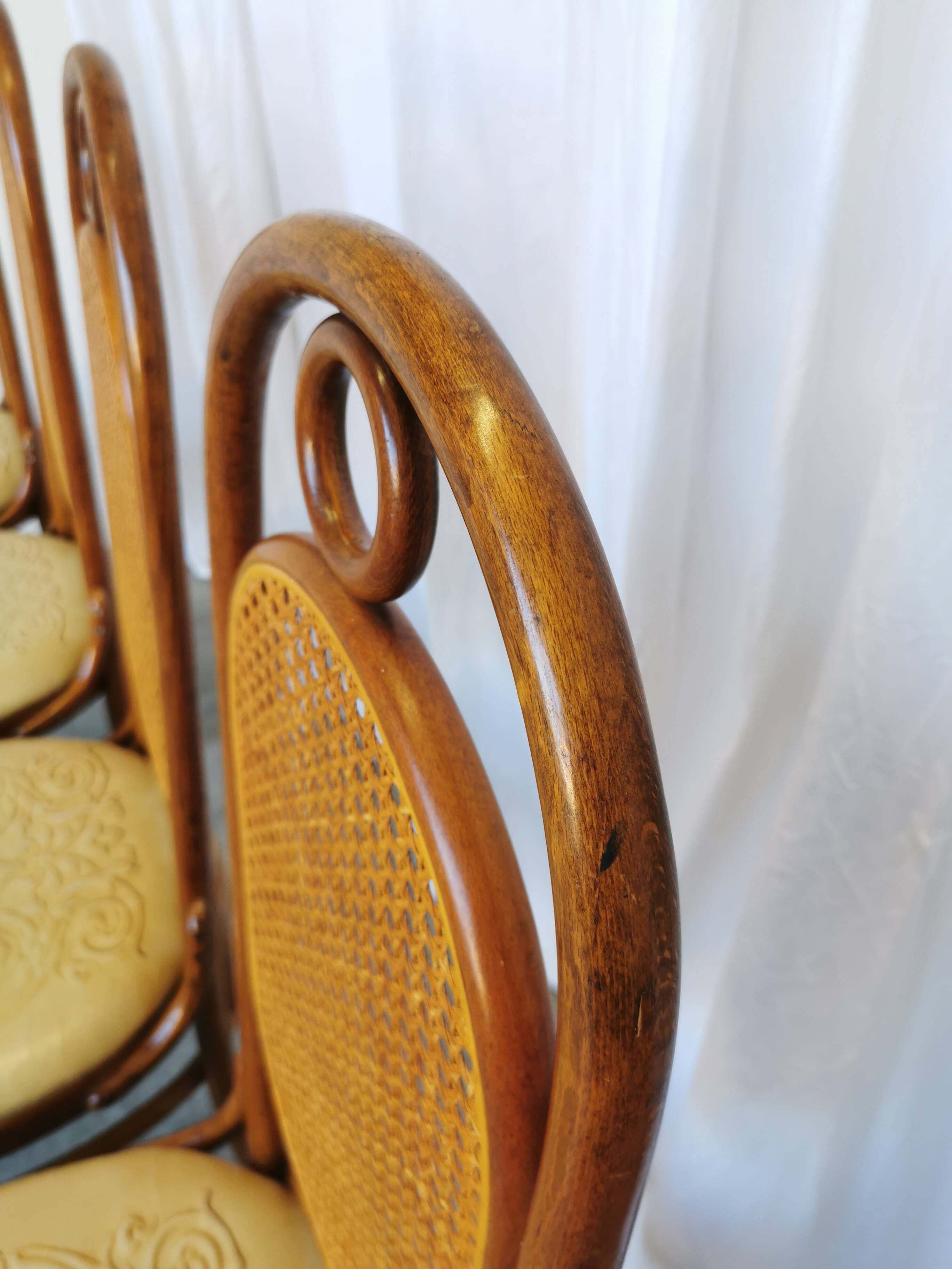 Set of 4 Vintage Bentwood Dining Chairs: Cane Back, Leather Seat, Thonet St