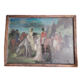Tableau ancien à l'huile représentant un paysage avec une scène équestre