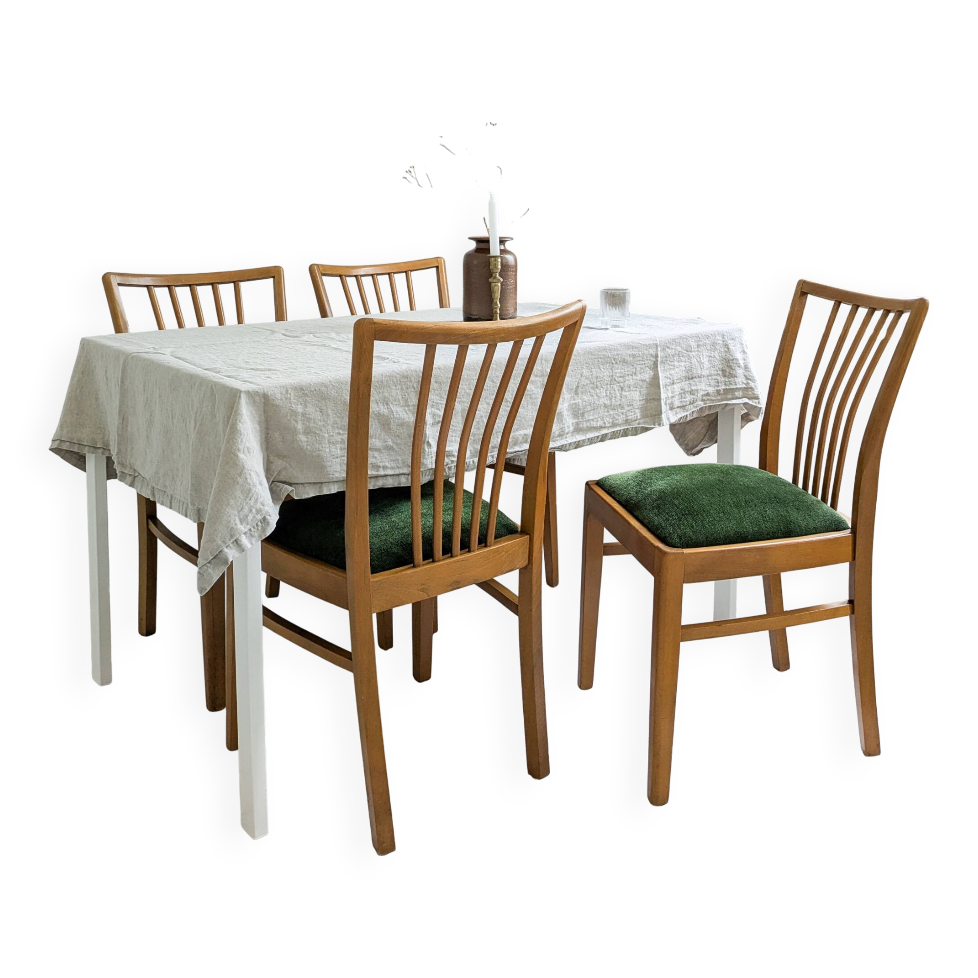 Lot de 4 chaises Mid-Century à barreaux, tissu vert foncé