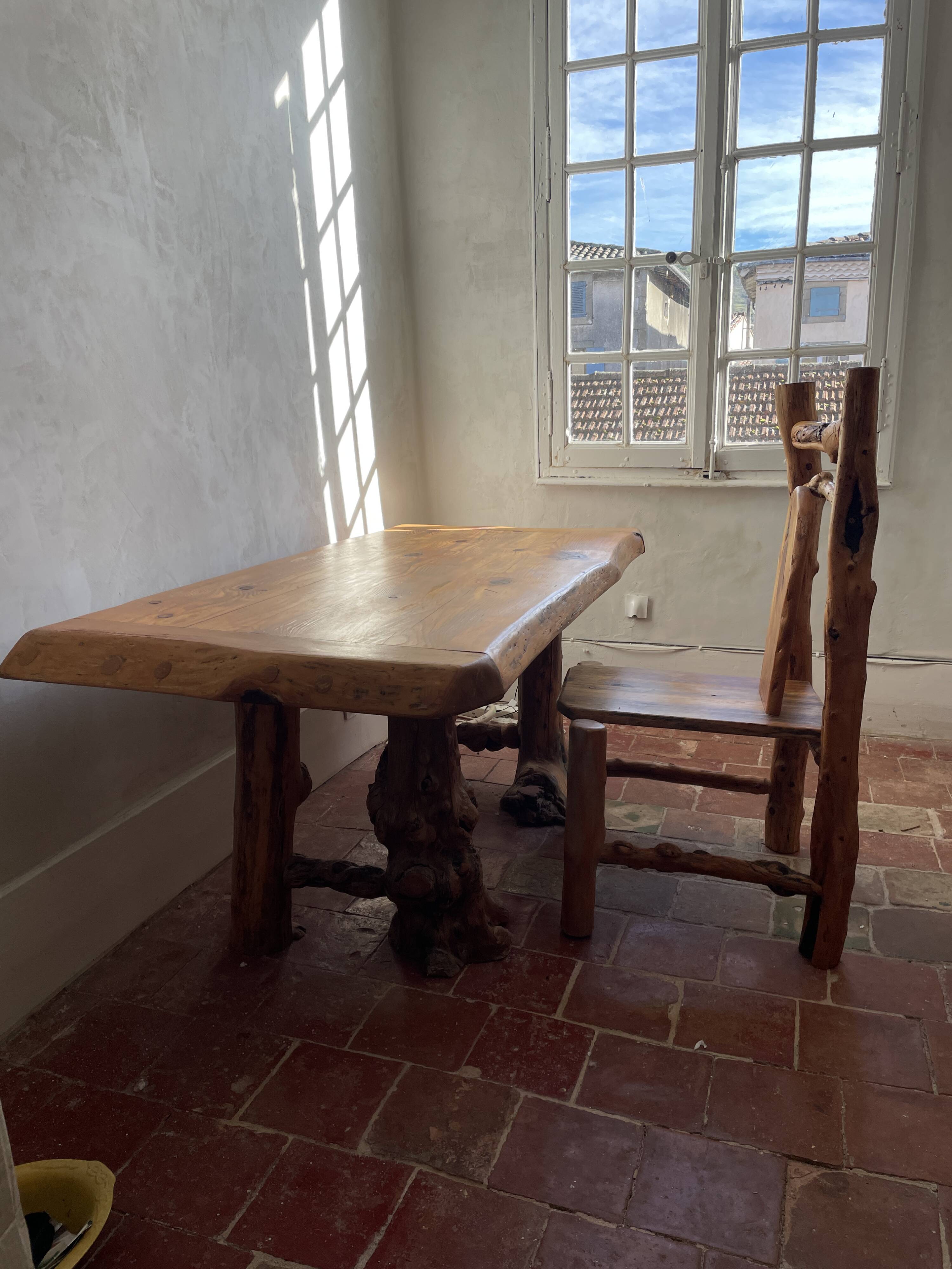 Rustic pine wood table and chair