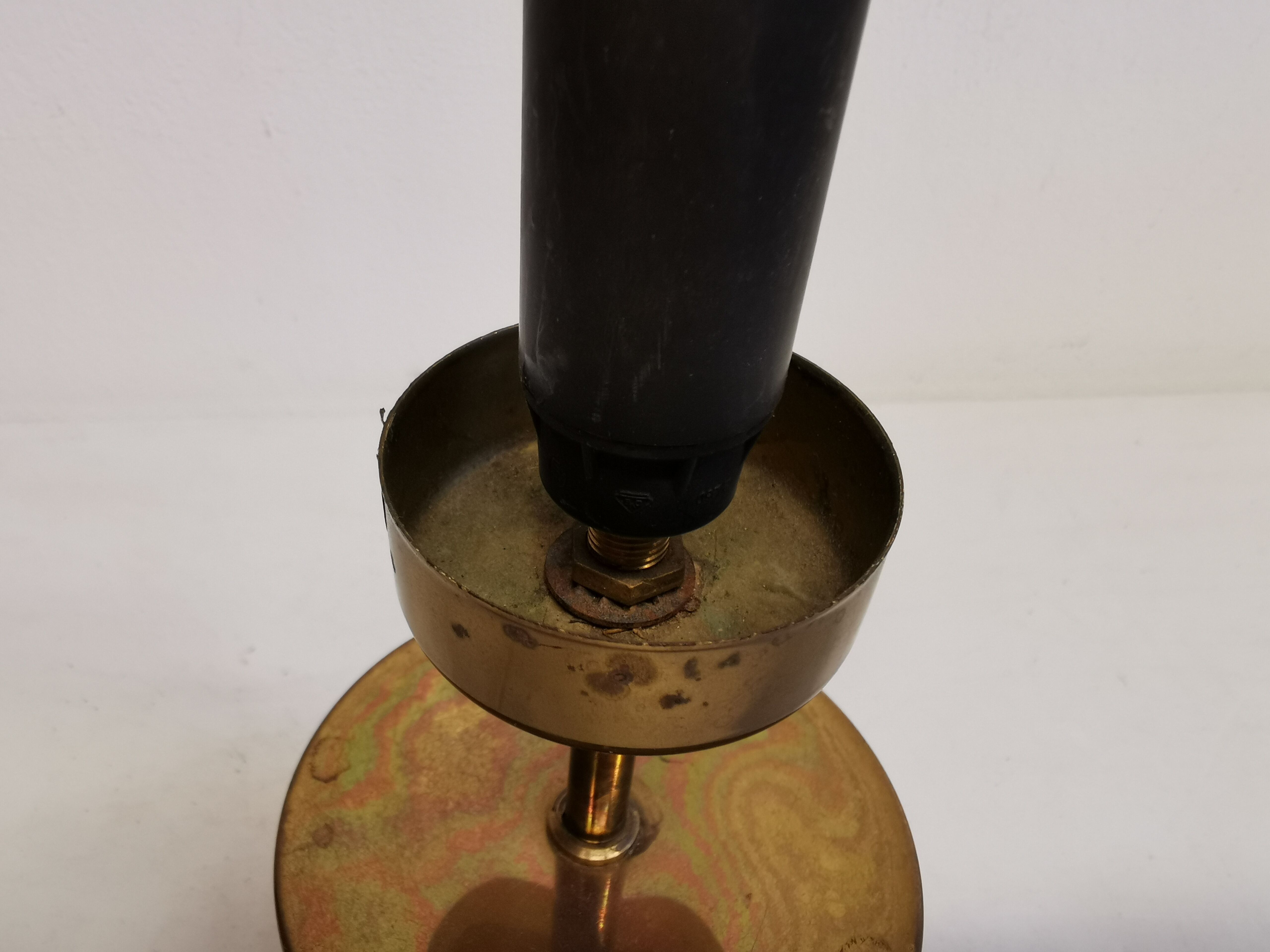 Swedish table lamp foot, made of wood, amber bubble glass and brass