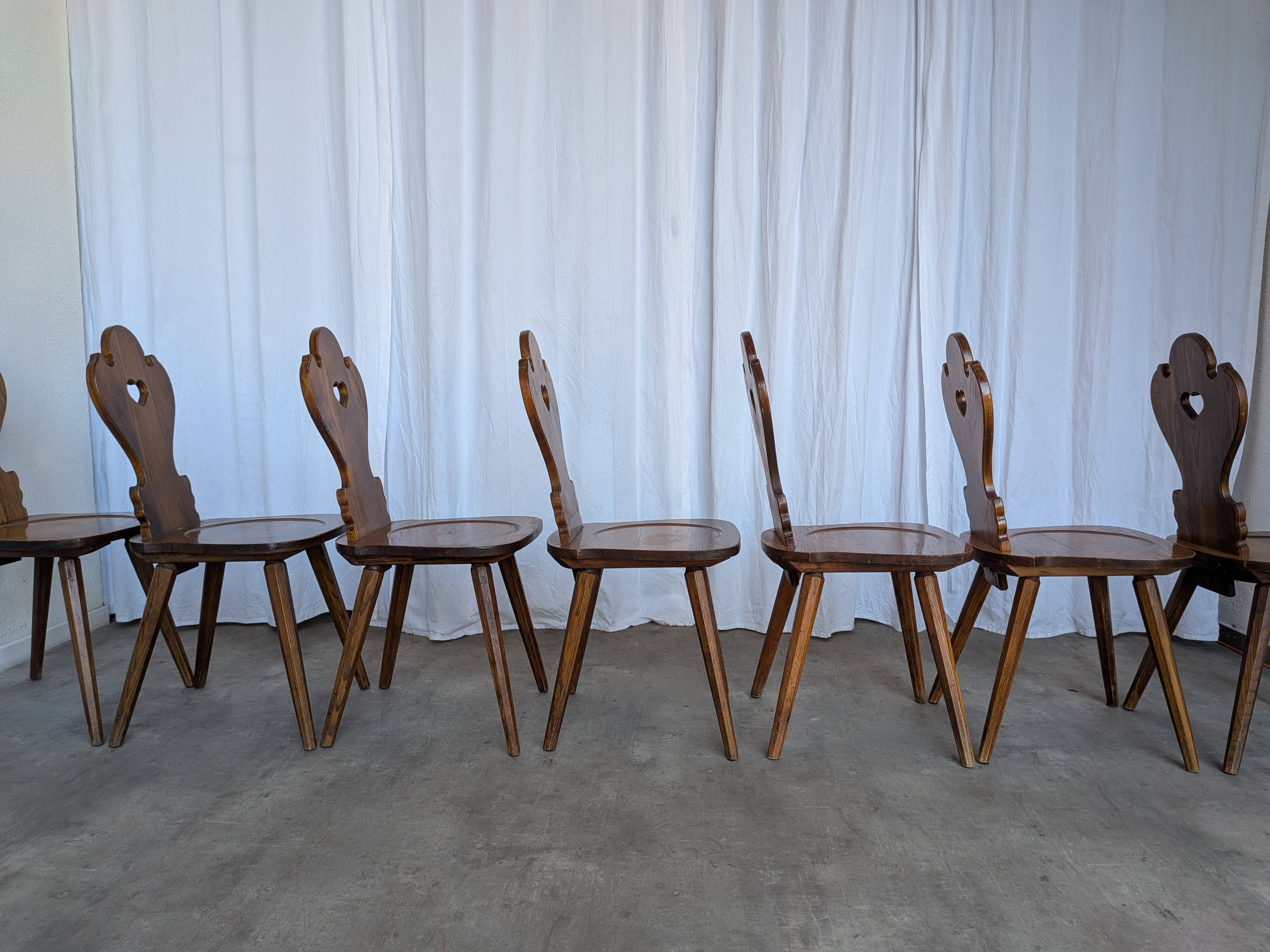 Set of 8 Farmhouse Tyrolean Chair with Heart Cutout Back / 1970s Vintage Di