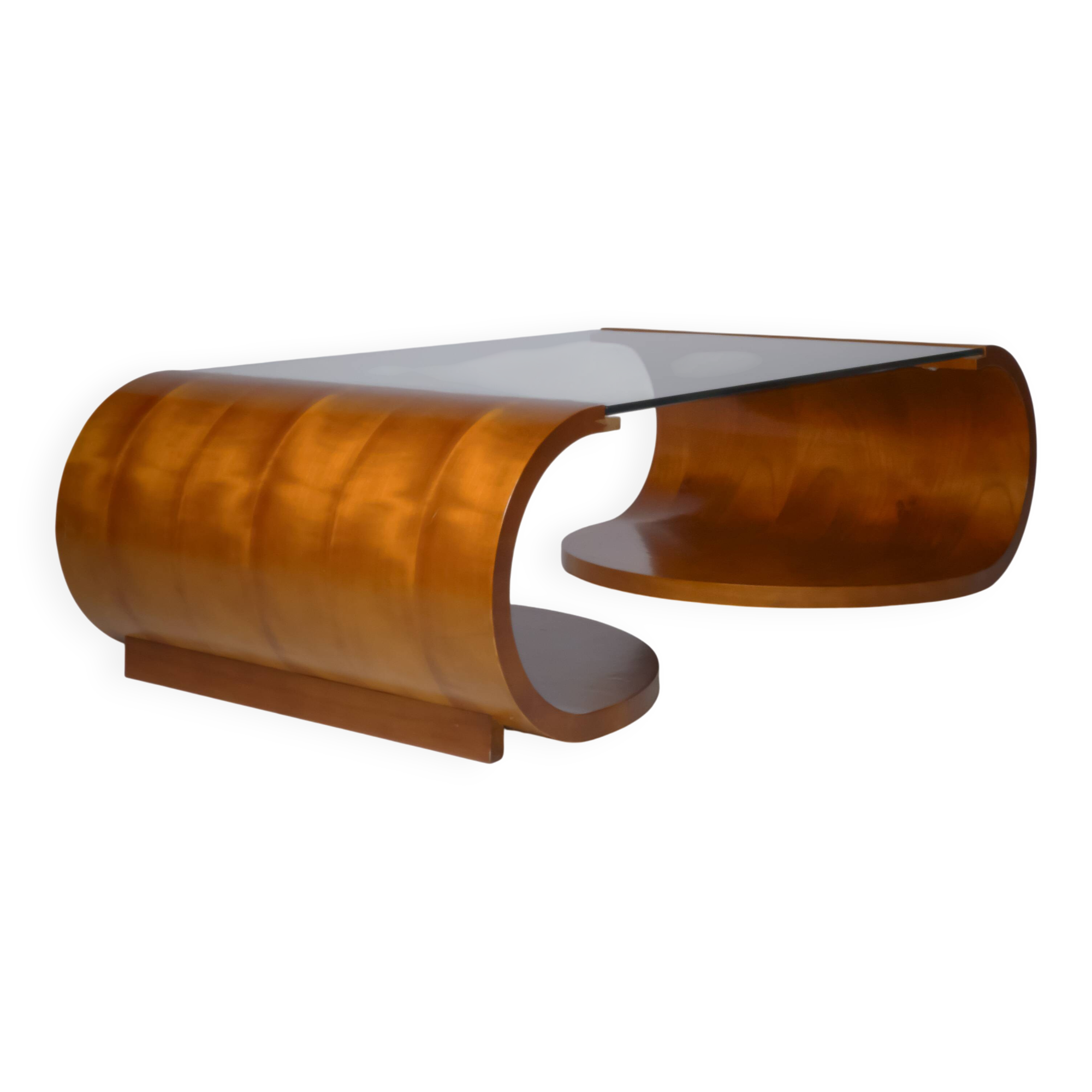 c. 1980 - Sculptural coffee table in walnut and tempered glass - France