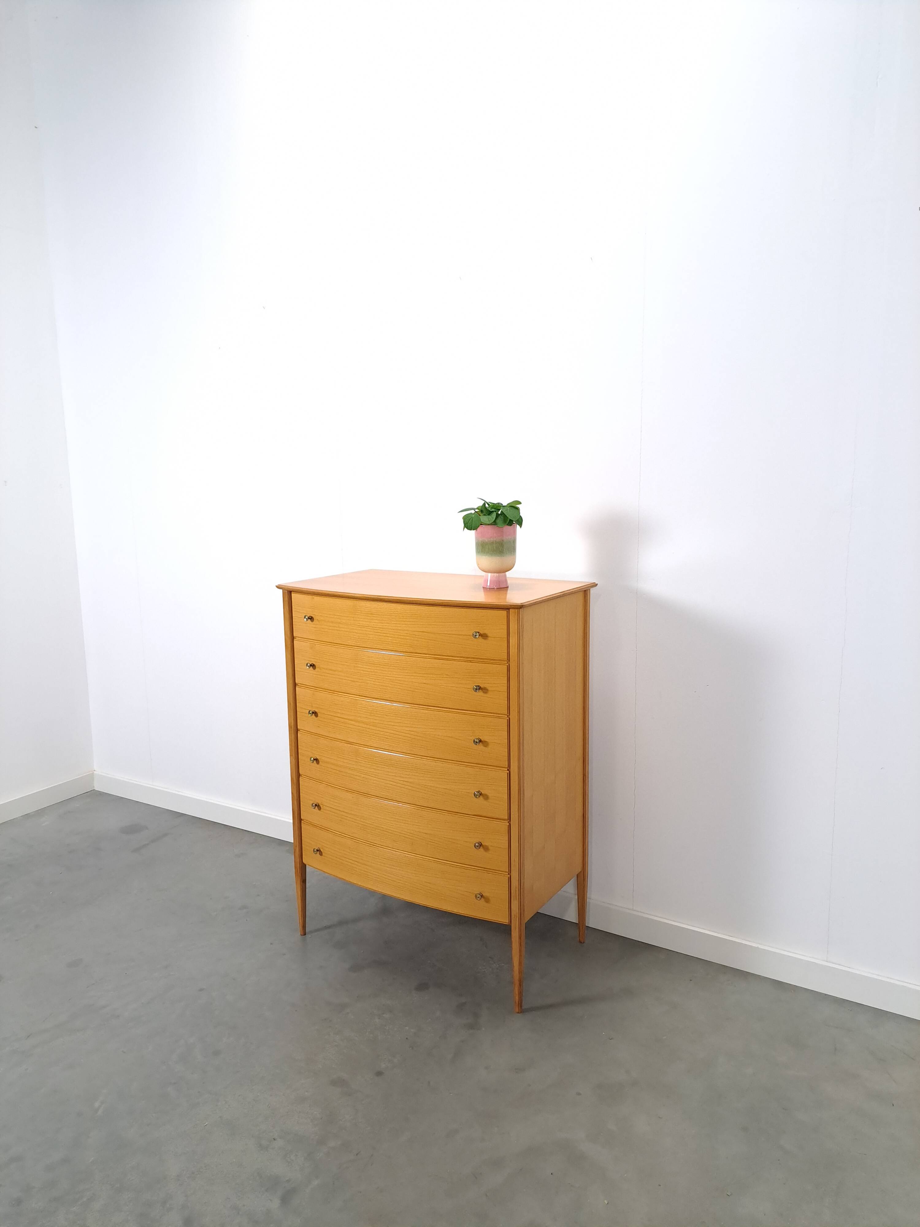 Mid-Century hoge gebogen ladekast met 6 lades