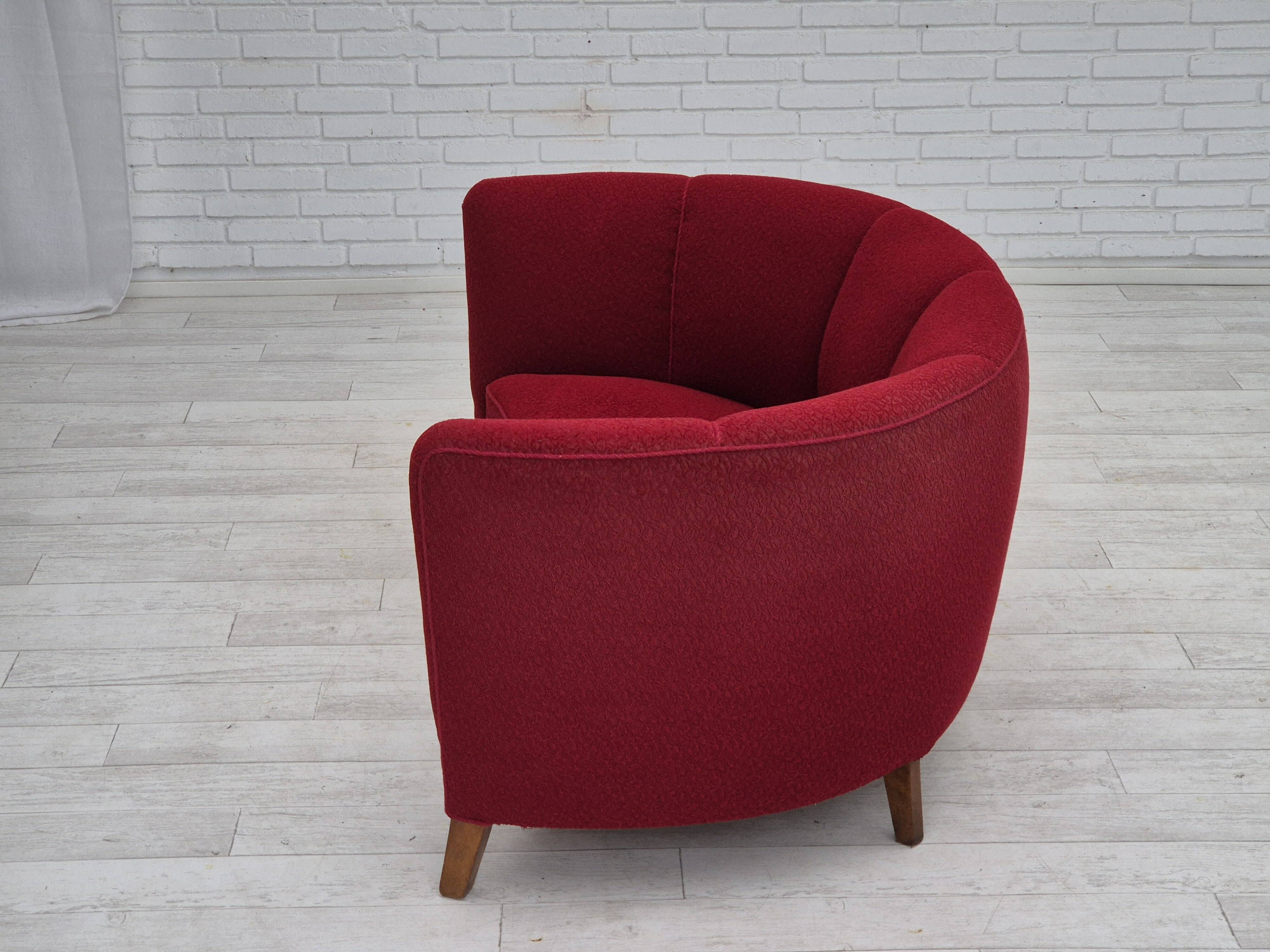 1960s, Danish 2-seater curved sofa, original red furniture fabric.