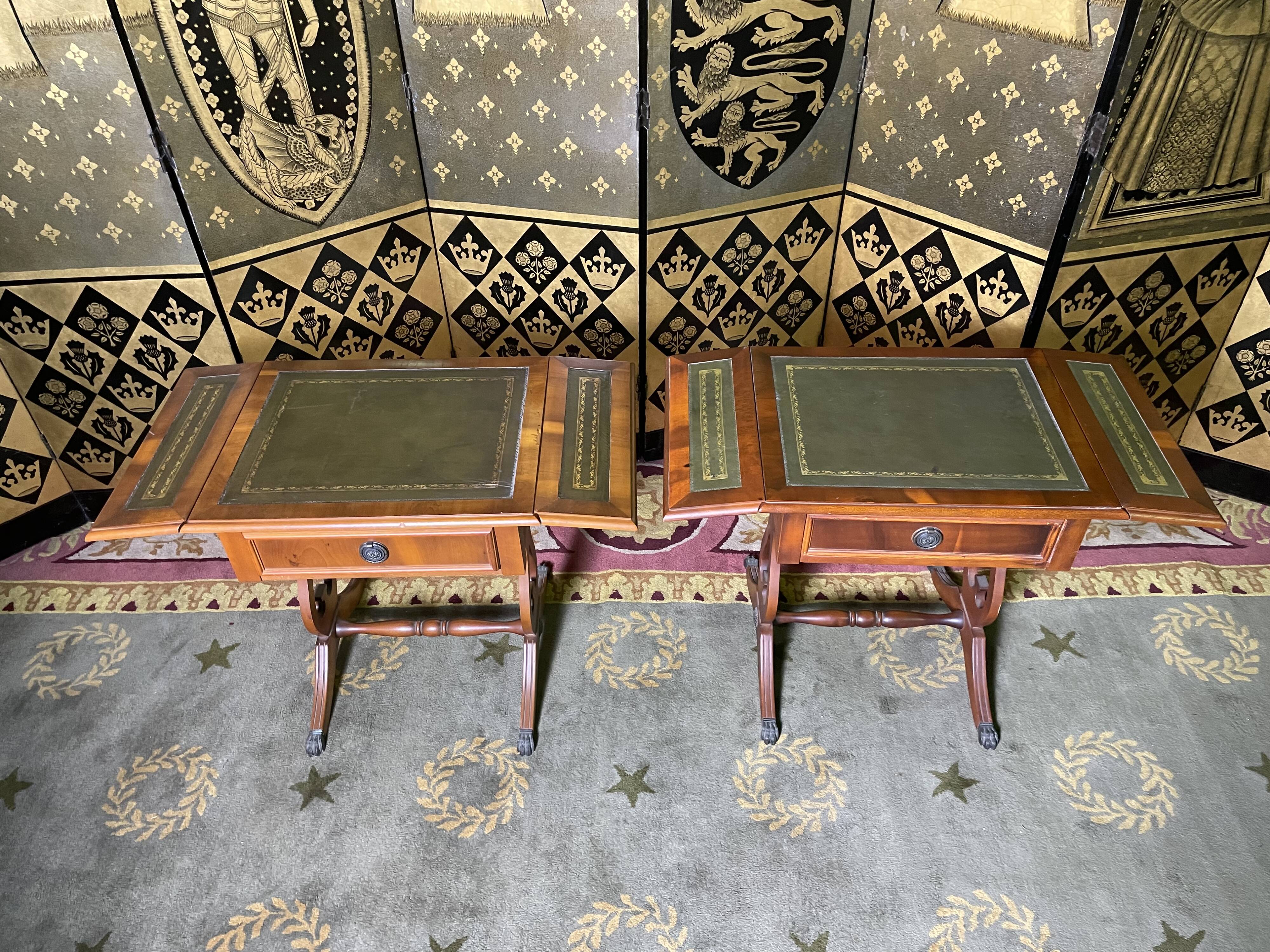 Pair of English style bedside tables in green leather
