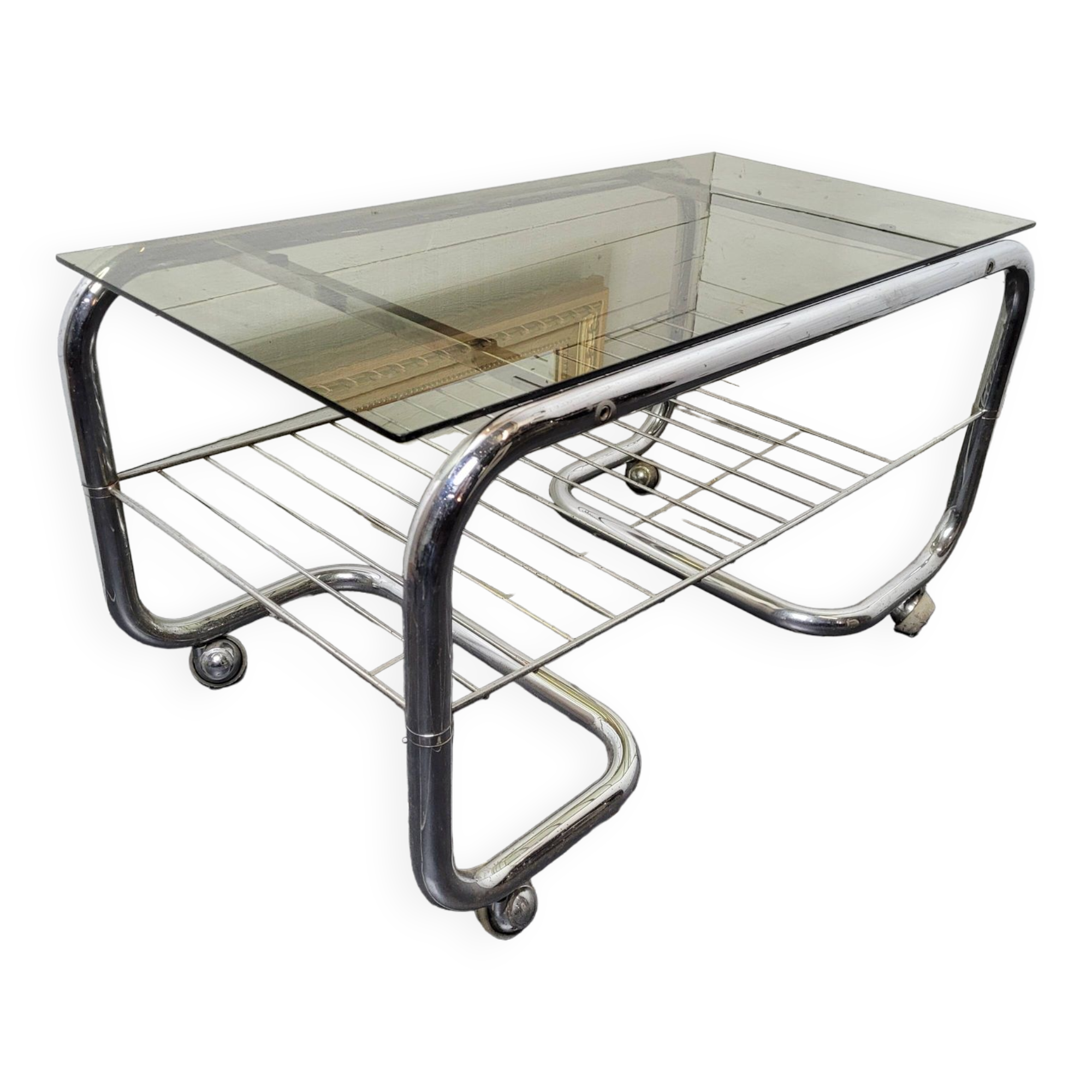 Coffee table with chrome base and smoked glass from the 70s