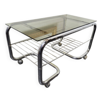 Coffee table with chrome base and smoked glass from the 70s
