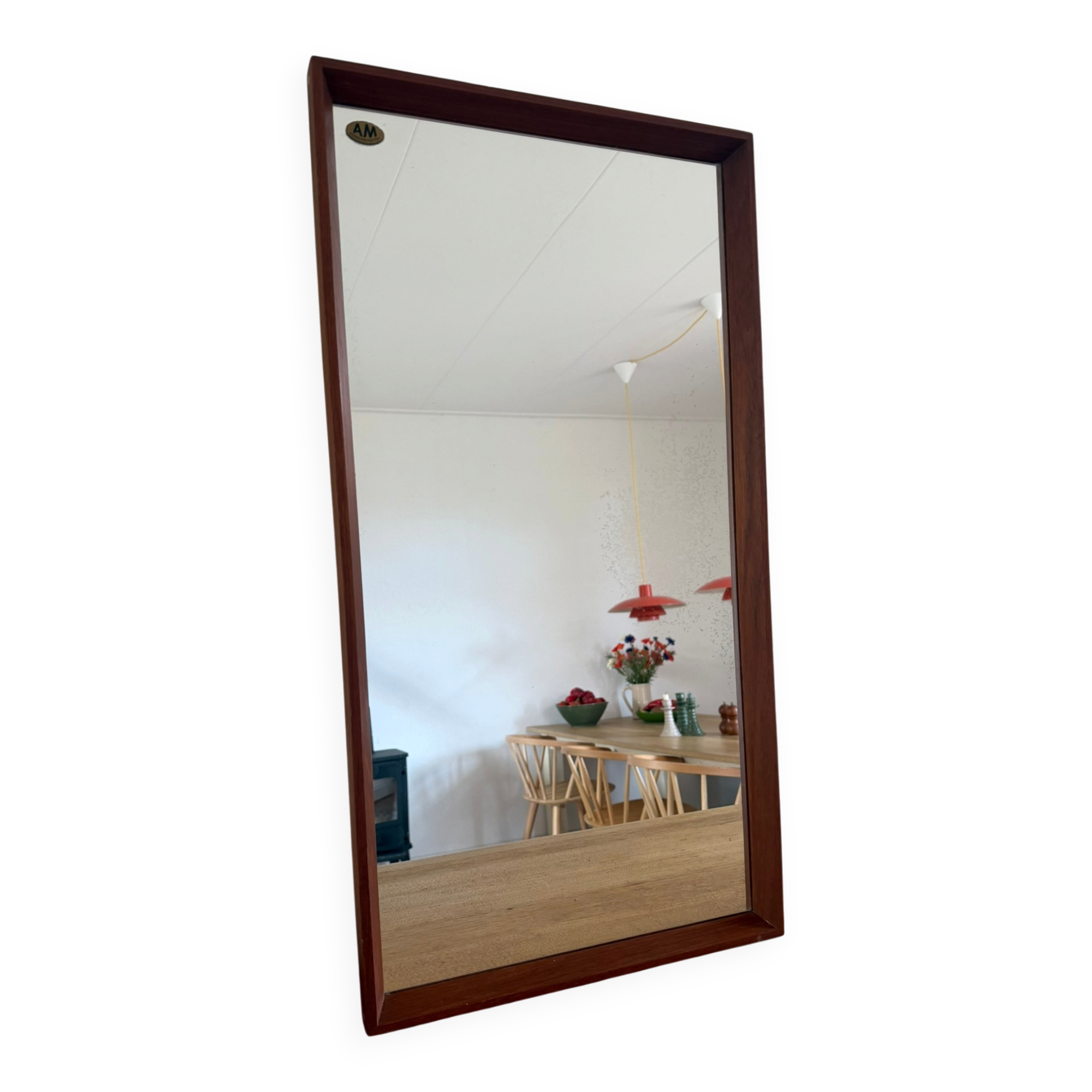 Beautiful vintage Danish teak mirror with mittered edges and nice brass det
