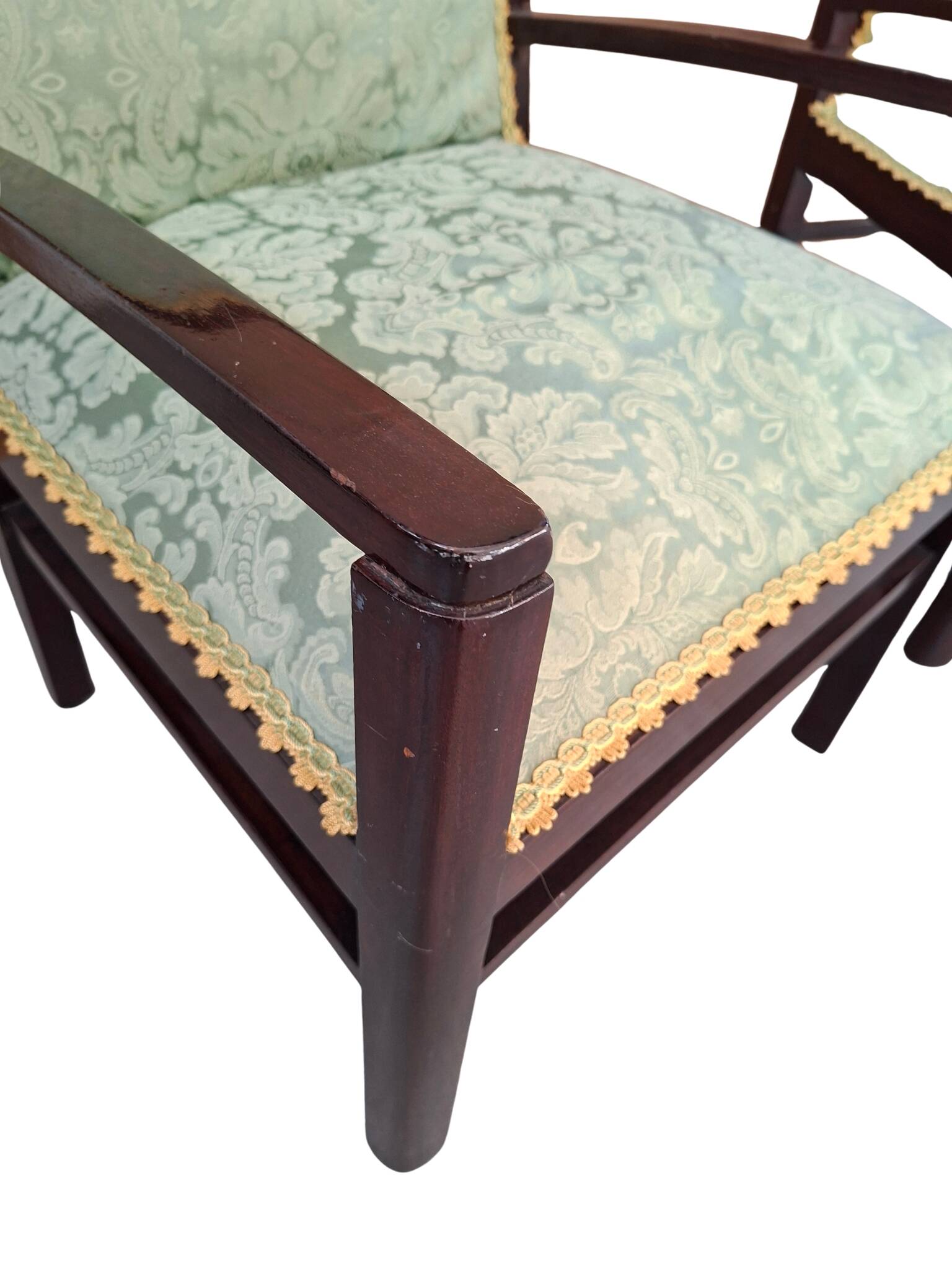 Coppia di Poltroncine Vintage Anni '70 in Mogano e Pregiata Seta di San Leu