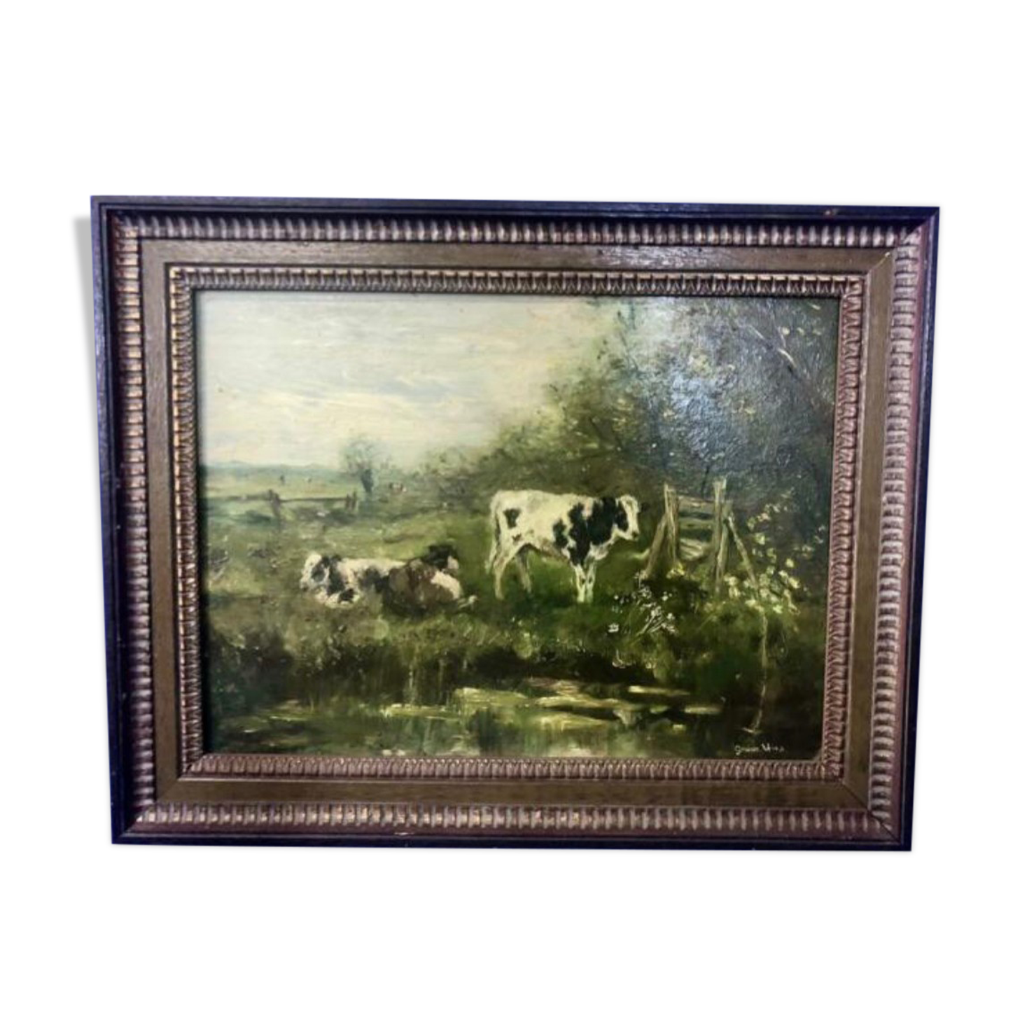 Dutch school - landscape with cows - oil paint