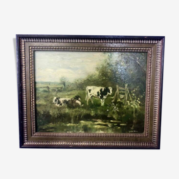 Dutch school - landscape with cows - oil paint