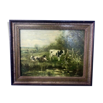 École hollandaise - paysage avec vaches - peinture à l’huile