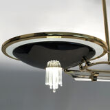Venini-style halogen chandelier with two arms in brass, anthracite metal and glass. Eighties