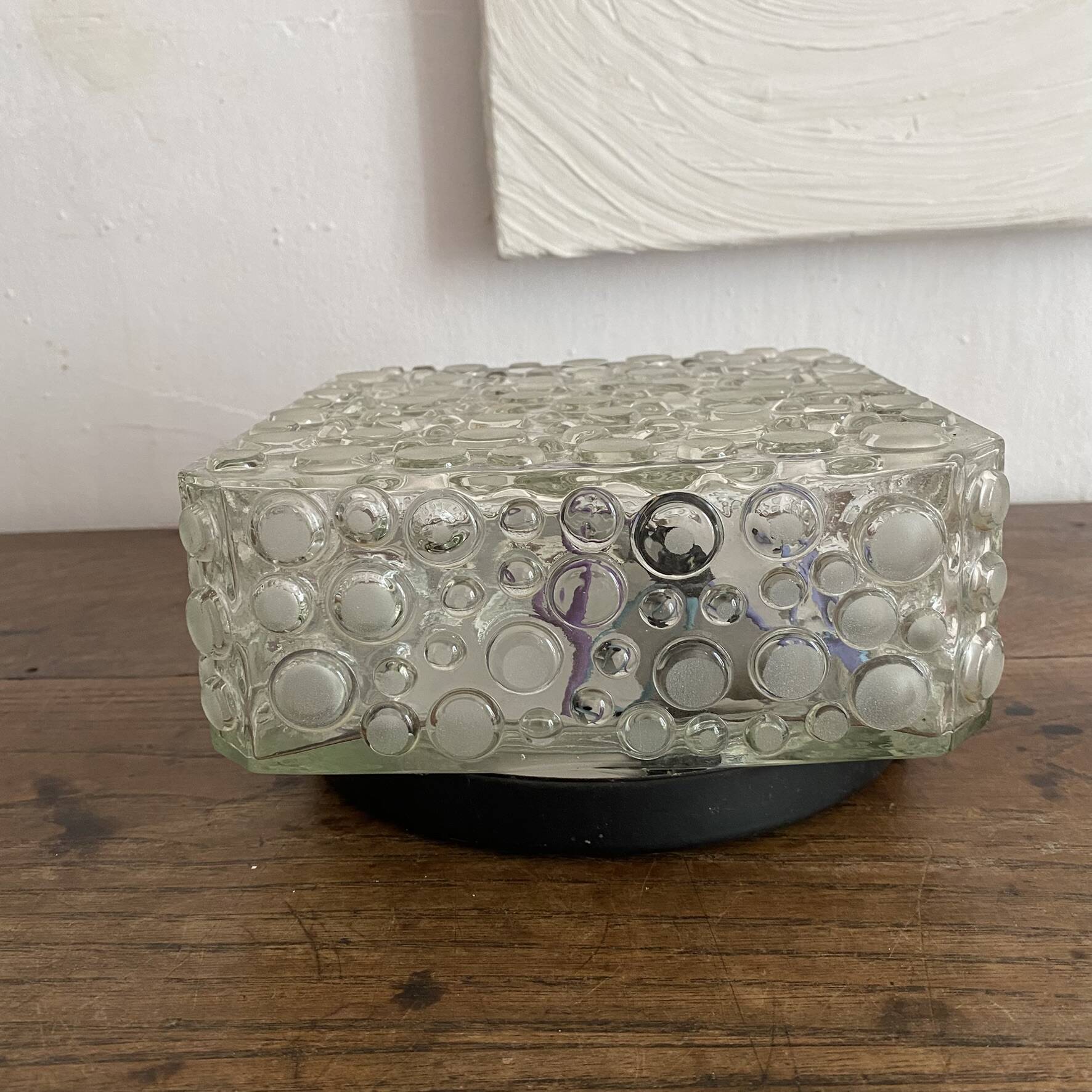 Plafonnier vintage carré en verre reliefs bulles