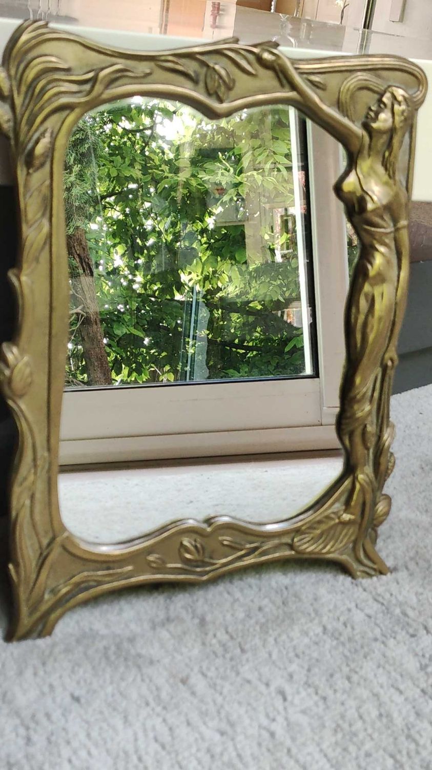 Brass table mirror, art nouveau, lady figurine/foliage, wheat ears