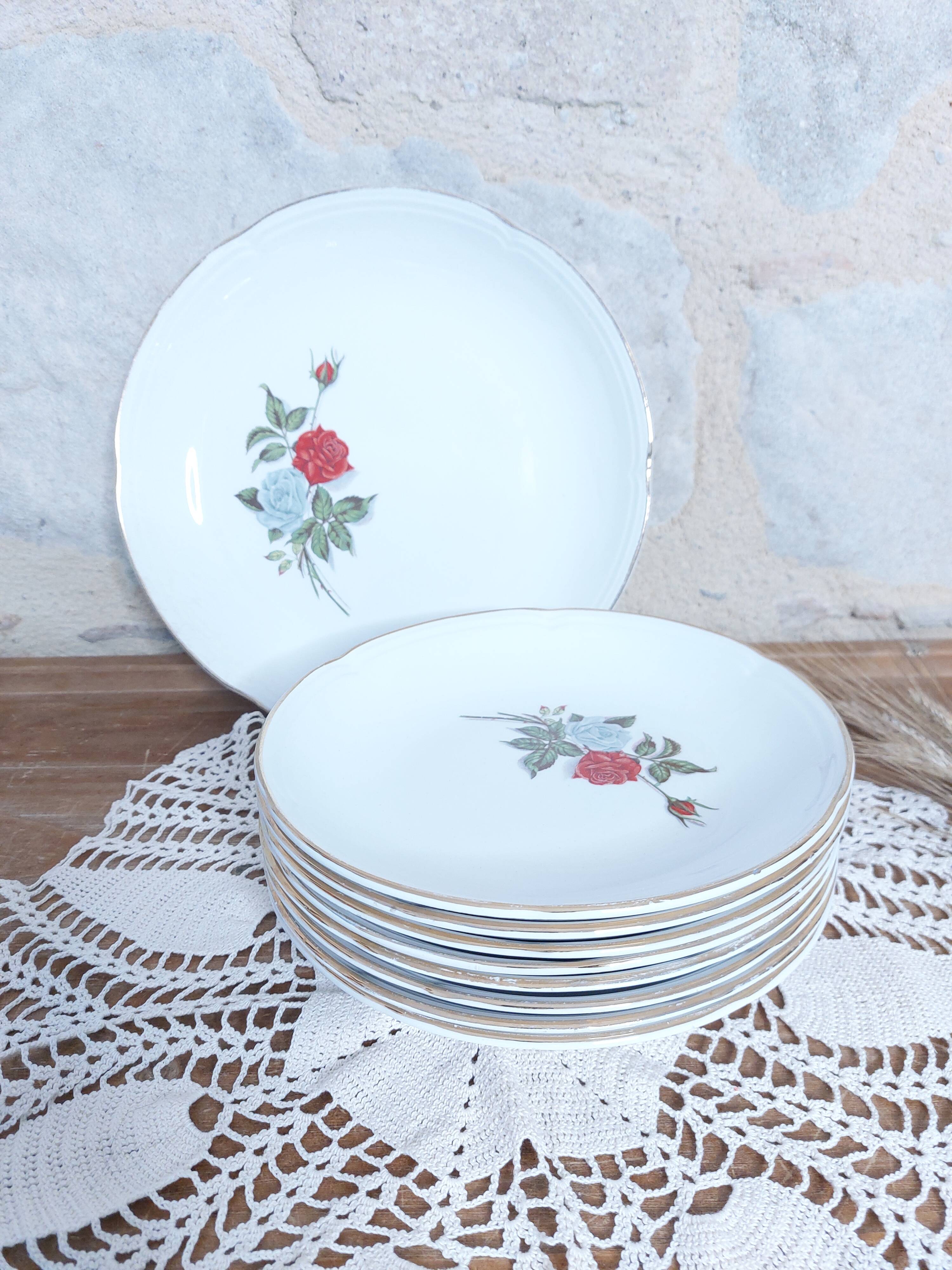 8 dessert plates and serving dish Moulin des loups pink pattern