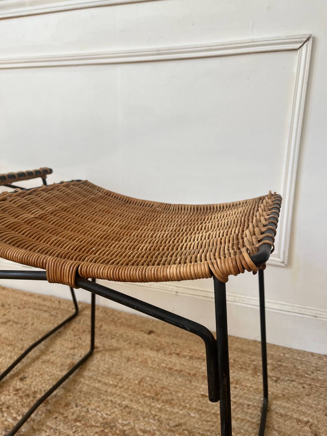 Pair of Raoul Guys stools for Airborne in wicker 1950