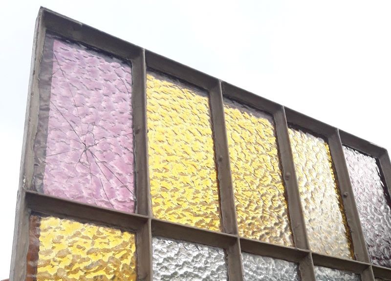 Workshop door 258.4x98.5cm in iron and colored cathedral glass