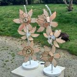Pair of 70s floor lamps in lacquered metal flowers in glass and gilded metal