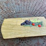 Rectangular cake dish in enameled ceramic, slip, fruit model, straw effect, vintage